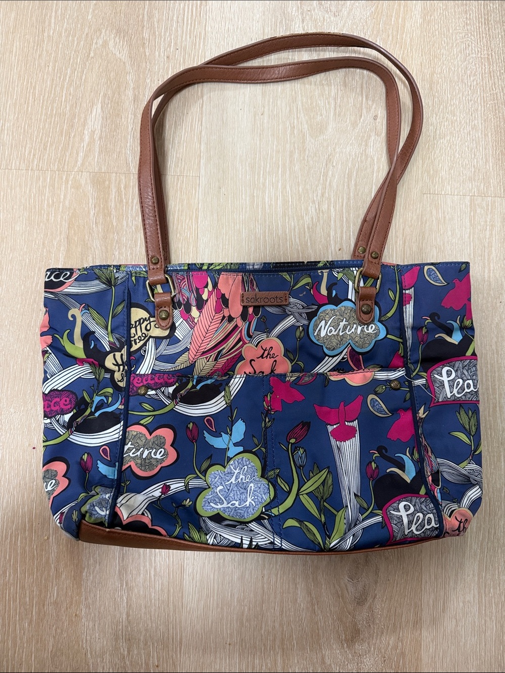 Sakroots Navy Floral Print Tote with Brown Straps